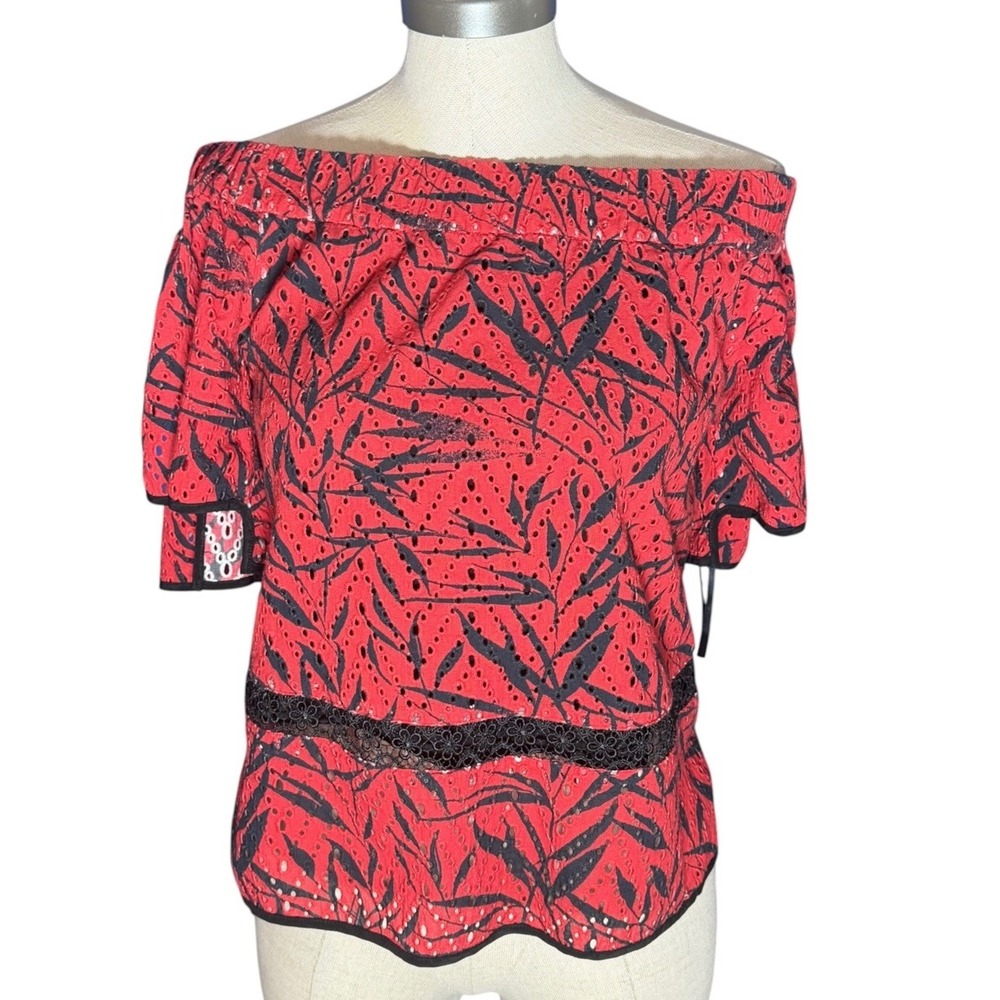 Prabal Gurung Red Black Cotton Eyelet Silk Lined Off Shoulder Top Made in USA